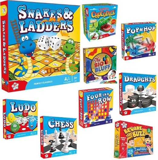 GAMES BUNDLE - Snakes & Ladders, Ludo, Chess, Four In A Row, Beware Of The Buzz, Draughts, The Big Bluff, Pop & Hop Careful Crocodile (Snakes & Ladders & Pop & Hop)