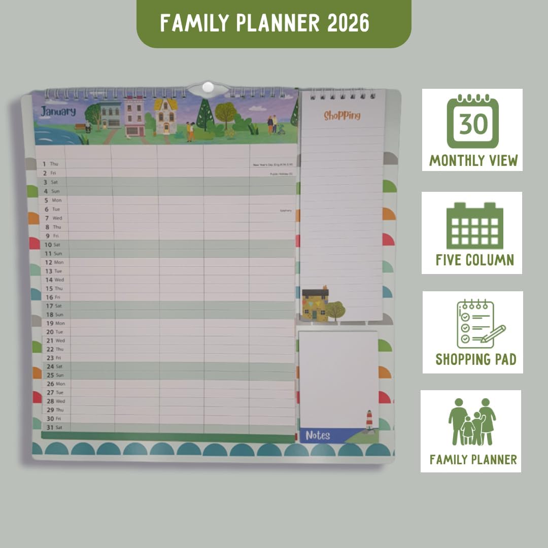 2026 Family Wall Calendar Planner – 5 Column Monthly Organizer with Sea Theme, Shopping List & Notepad – Seaside Design for Home & Office