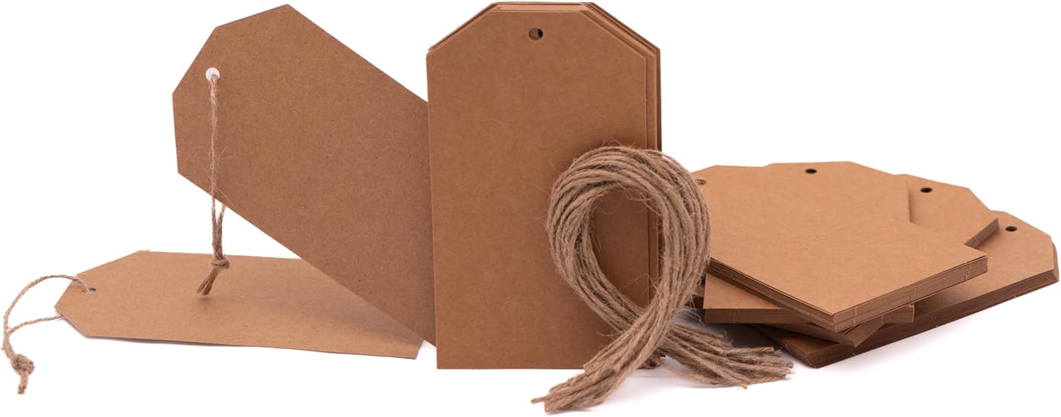 120 Kraft Gift Tags, Blank Kraft Tags, 8cm x 14cm Hang Paper Labels 200 GSM Paper, with String for Gifts, Presents, Wrapping, Birthdays, Wedding, Christmas