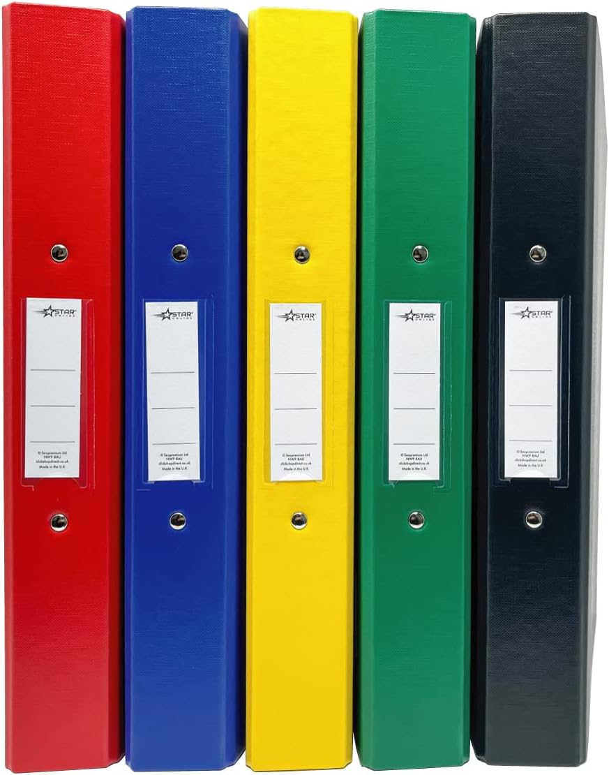 A4 Ring Binder File Folder Bright Colours Holds 190 Sheets 25 mm Spine - Assorted Pack of 5 Ring Binders Polypropylene - Made in UK