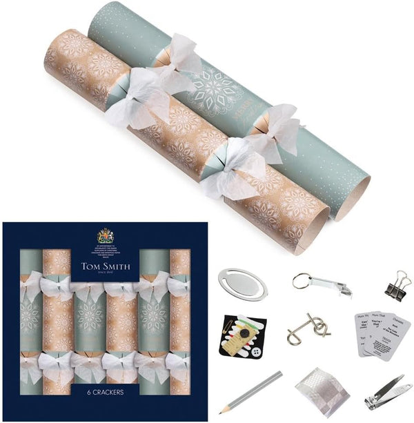 Premium Christmas Crackers – Set of 6 Luxury Sage Green, White & Rose Gold Snowflake Crackers with Gifts & Jokes