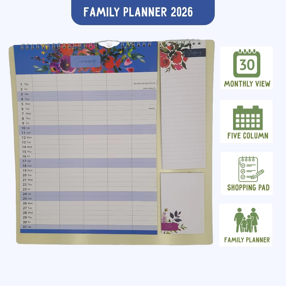 2026 Family Wall Calendar – Floral Garden Design, 5 Column Family Organizer with Shopping List & Notepad – Yearly Wall Planner for Home & Office