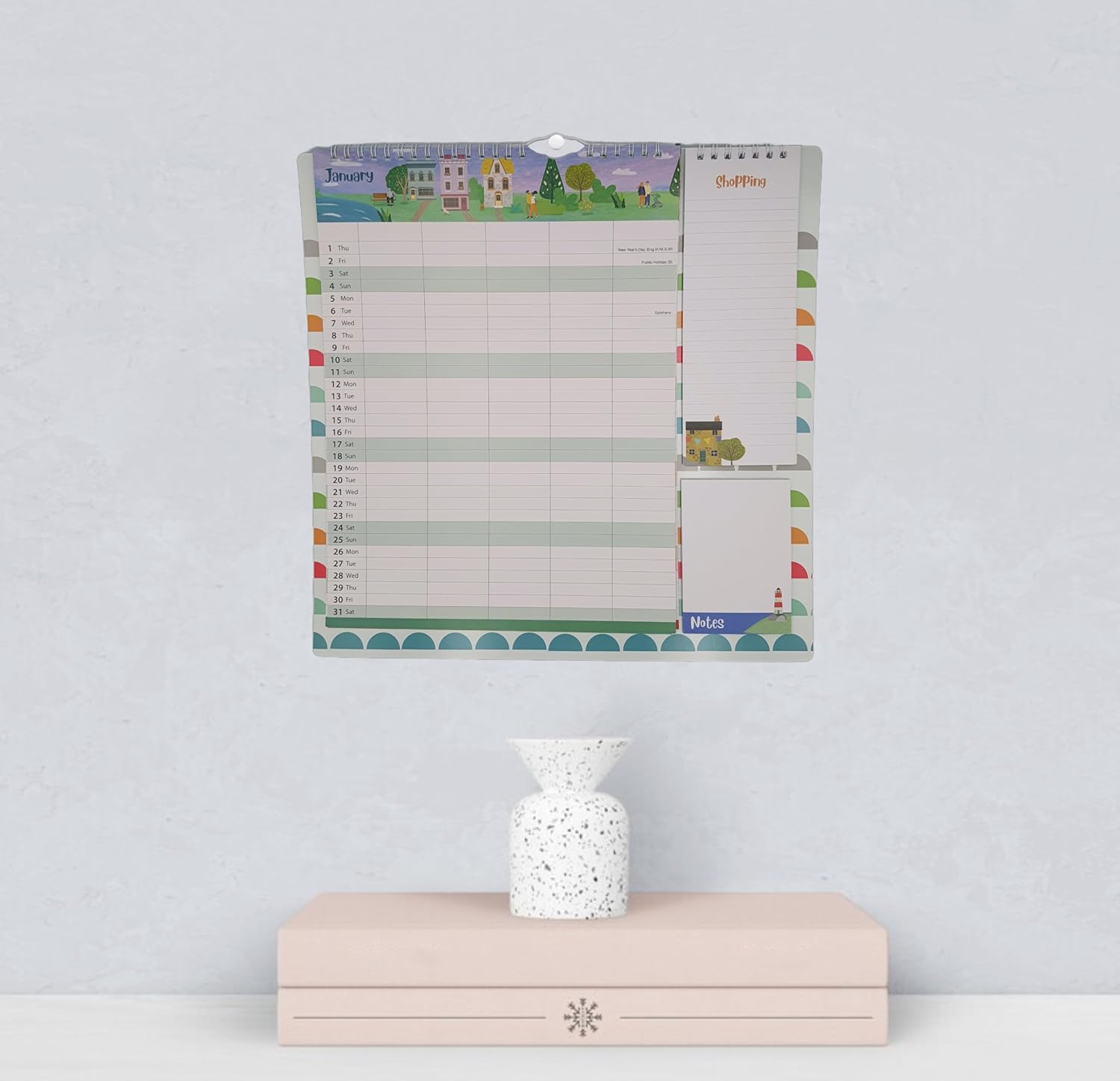 2026 Family Wall Calendar Planner – 5 Column Monthly Organizer with Sea Theme, Shopping List & Notepad – Seaside Design for Home & Office