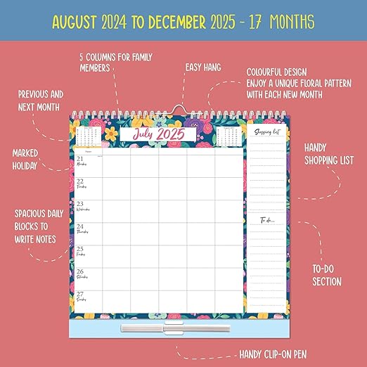 2024-2025 Family Weekly Wall Planner, 17 Months Planner, 5 Columns Week to View Calendar with Shopping List and Stickers, Floral Design (Aug 2024 - Dec 2025)