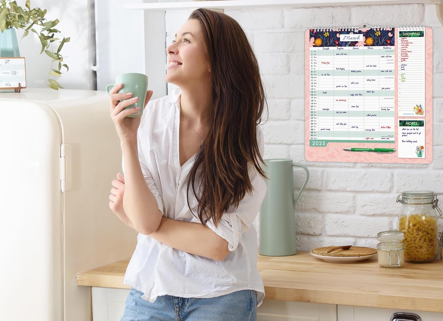 2025 Family Wall Calendar Family Organiser Year Planner, 5 Column Layout, Shopping List and Notepad with Pen, Floral & Leaf Design