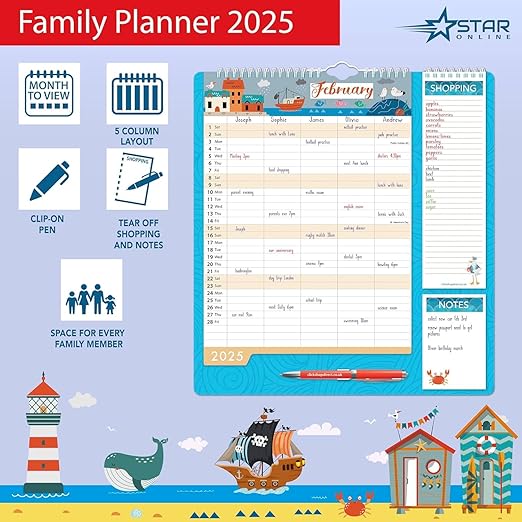 2025 Family Wall Calendar Planner, Sea Theme Design, with Shopping List, Notepad and Pen, 5 Column Monthly Organiser