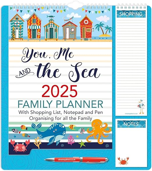 2025 Family Wall Calendar Planner, Sea Theme Design, with Shopping List, Notepad and Pen, 5 Column Monthly Organiser