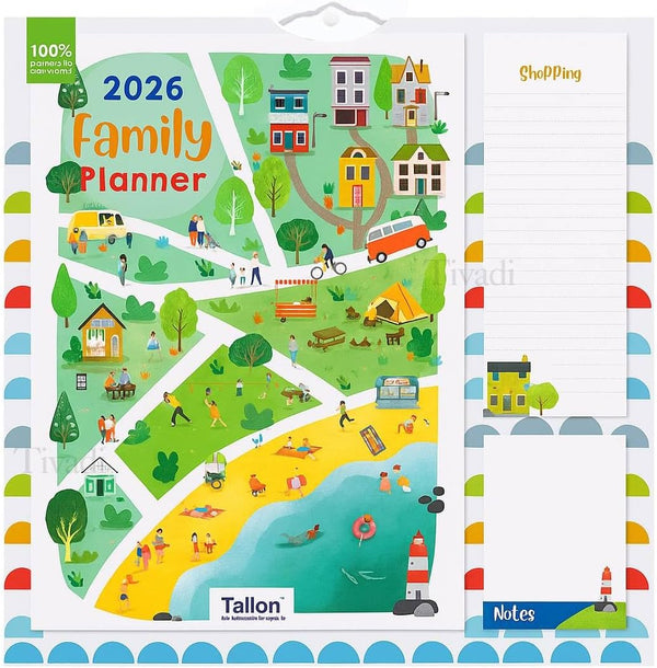 2026 Family Wall Calendar Planner – 5 Column Monthly Organizer with Sea Theme, Shopping List & Notepad – Seaside Design for Home & Office