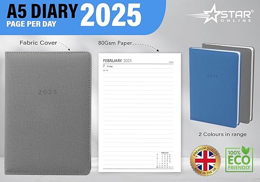2025 Diary A5 - Day Per Page Daily Journal Planner with Your Company Name | Monthly & Weekly Organiser Diary 2025-2026 | Business Appointment Planner (Grey 2)