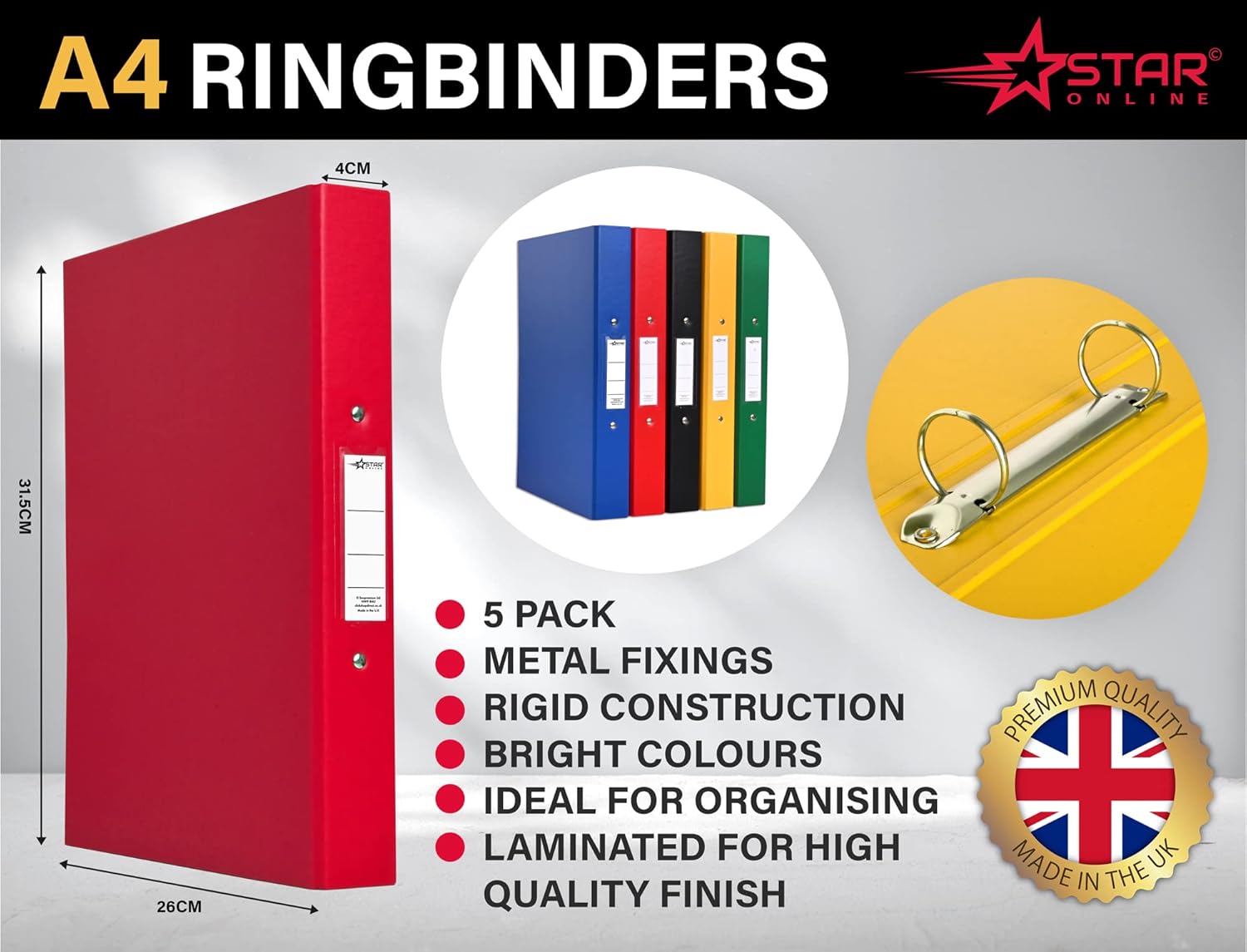 A4 Ring Binder File Folder Bright Colours Holds 190 Sheets 25 mm Spine - Assorted Pack of 5 Ring Binders Polypropylene - Made in UK