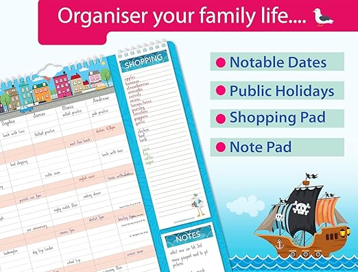 2025 Family Wall Calendar Planner, Sea Theme Design, with Shopping List, Notepad and Pen, 5 Column Monthly Organiser