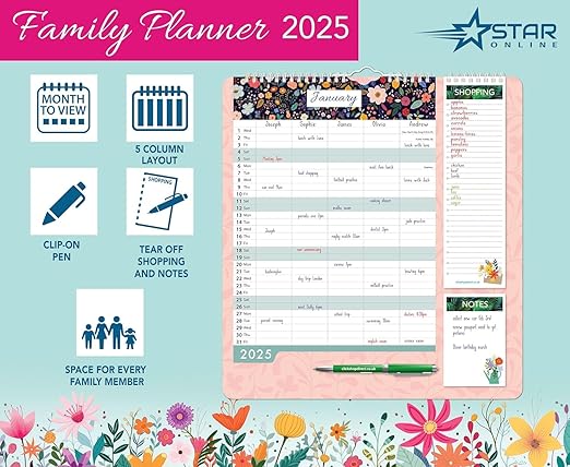2025 Family Wall Calendar Family Organiser Year Planner, 5 Column Layout, Shopping List and Notepad with Pen, Floral & Leaf Design