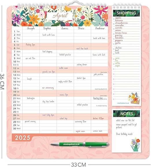 2025 Family Wall Calendar Family Organiser Year Planner, 5 Column Layout, Shopping List and Notepad with Pen, Floral & Leaf Design