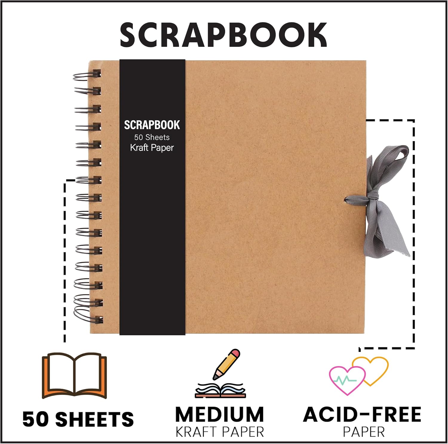 Medium Kraft Scrapbook Photo Album 20x20cm with Ribbon 50 Sheets DIY Memory Book