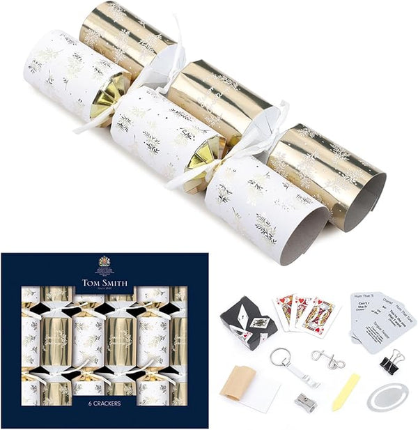 Tom Smith Pack 6 Luxury Mini Charity Christmas Crackers White & Gold Festive Foliage Design