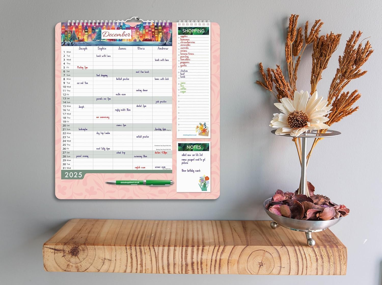 2025 Family Wall Calendar Family Organiser Year Planner, 5 Column Layout, Shopping List and Notepad with Pen, Floral & Leaf Design