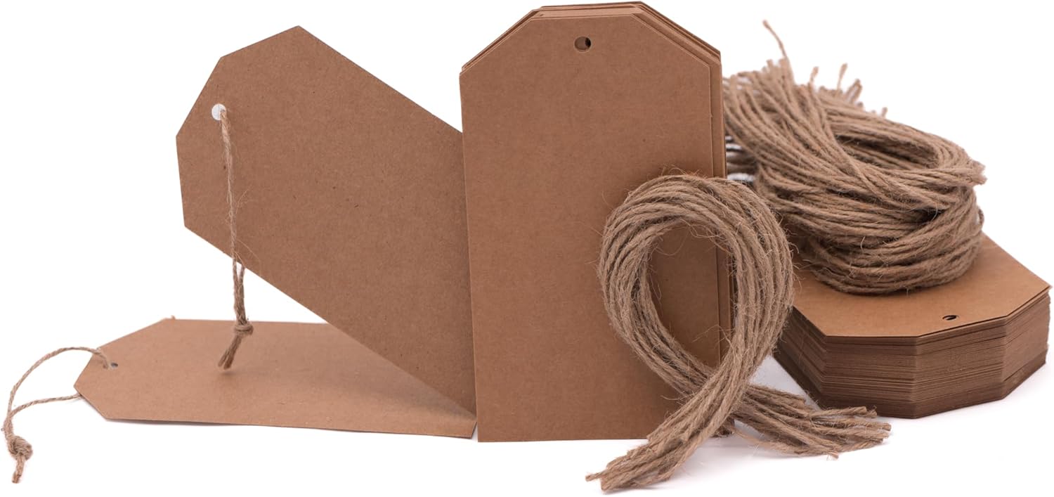 120 Kraft Gift Tags, Blank Kraft Tags, 8cm x 14cm Hang Paper Labels 200 GSM Paper, with String for Gifts, Presents, Wrapping, Birthdays, Wedding, Christmas