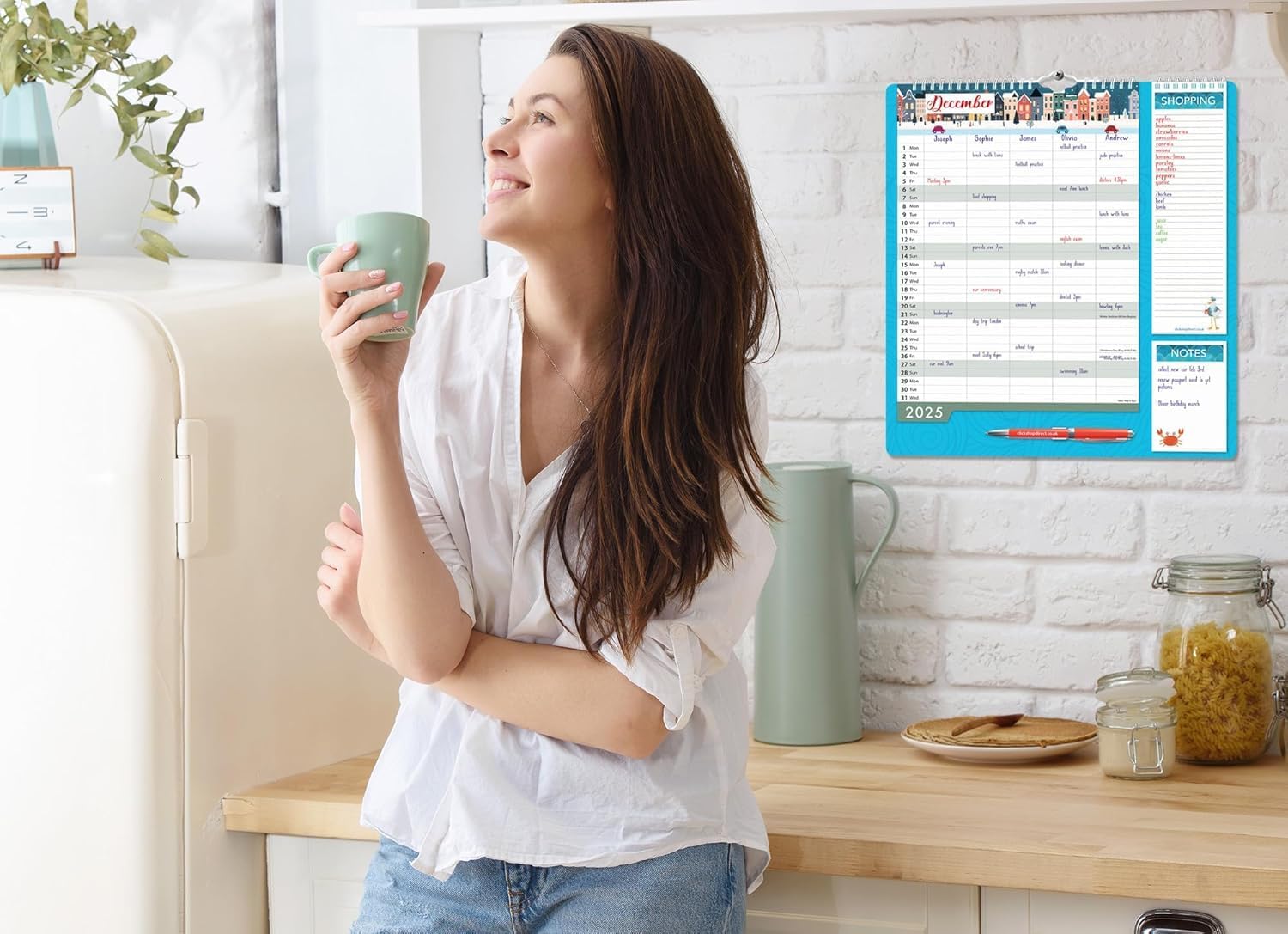 2025 Family Wall Calendar Planner, Sea Theme Design, with Shopping List, Notepad and Pen, 5 Column Monthly Organiser