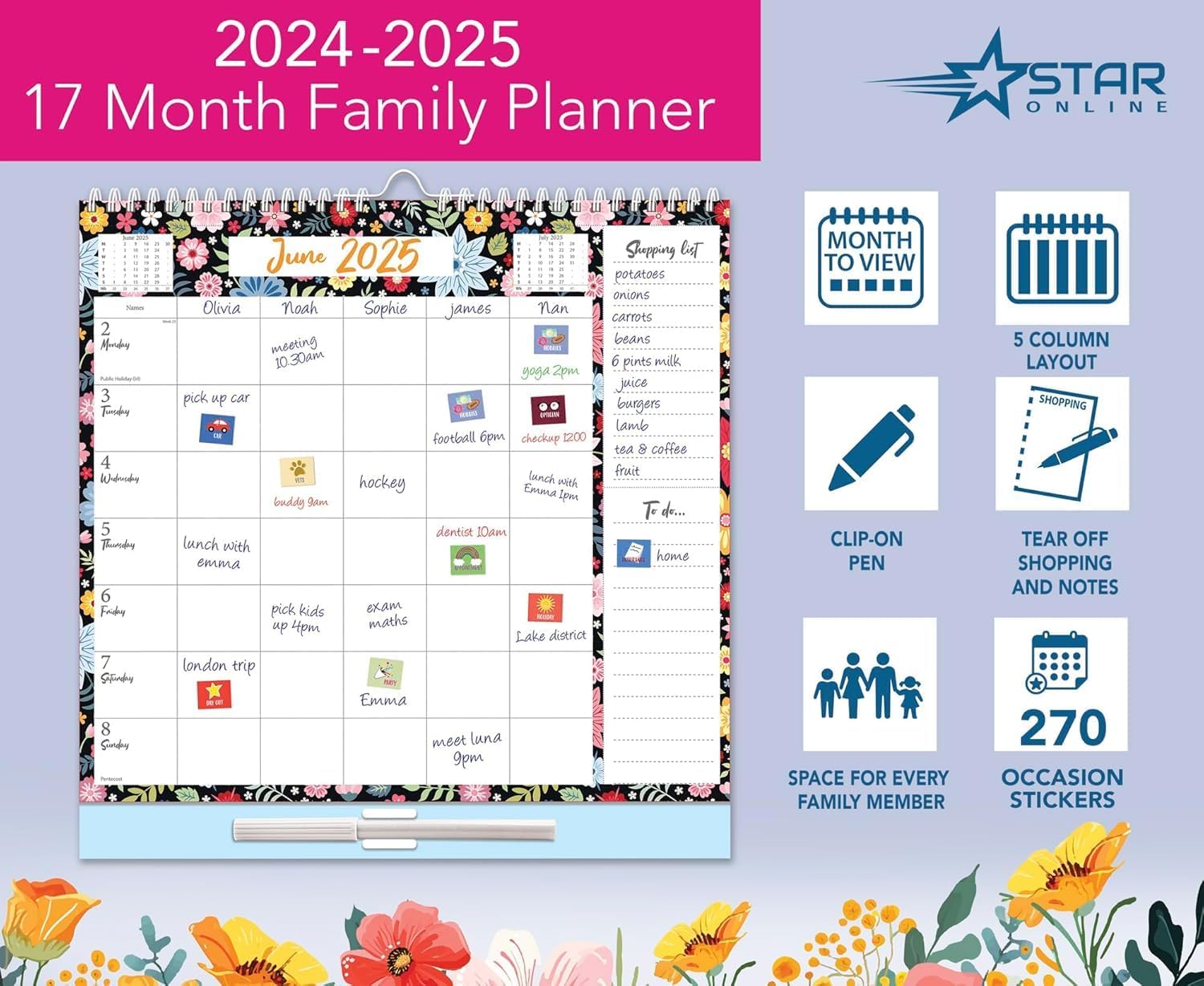 2024-2025 Family Weekly Wall Planner, 17 Months Planner, 5 Columns Week to View Calendar with Shopping List and Stickers, Floral Design (Aug 2024 - Dec 2025)