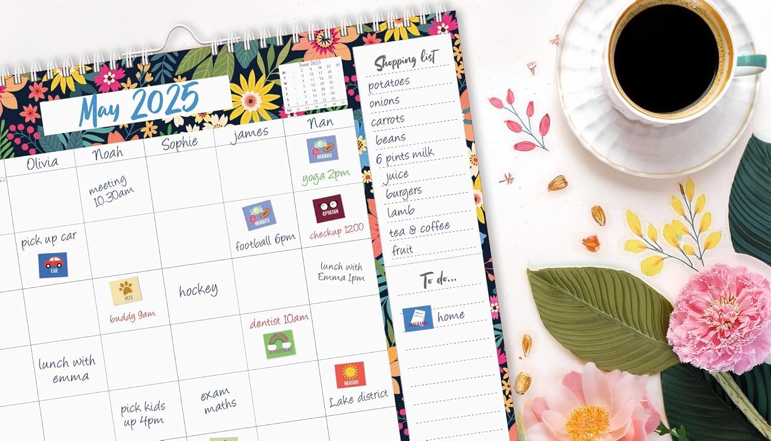 2024-2025 Family Weekly Wall Planner, 17 Months Planner, 5 Columns Week to View Calendar with Shopping List and Stickers, Floral Design (Aug 2024 - Dec 2025)