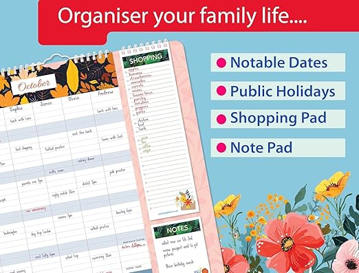 2025 Family Wall Calendar Family Organiser Year Planner, 5 Column Layout, Shopping List and Notepad with Pen, Floral & Leaf Design