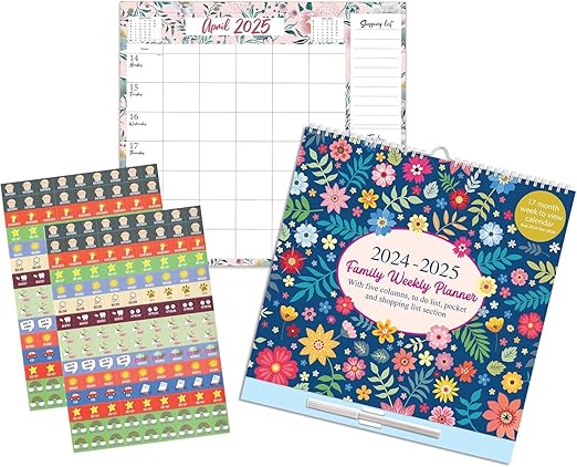 2024-2025 Family Weekly Wall Planner, 17 Months Planner, 5 Columns Week to View Calendar with Shopping List and Stickers, Floral Design (Aug 2024 - Dec 2025)