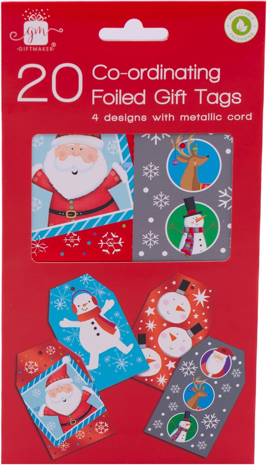 4 X 7M Cute Christmas Wrapping Paper Roll (28 meters) Ideal for Xmas, Festive Season 20 Foiled Gift Tags Included - Made in Uk