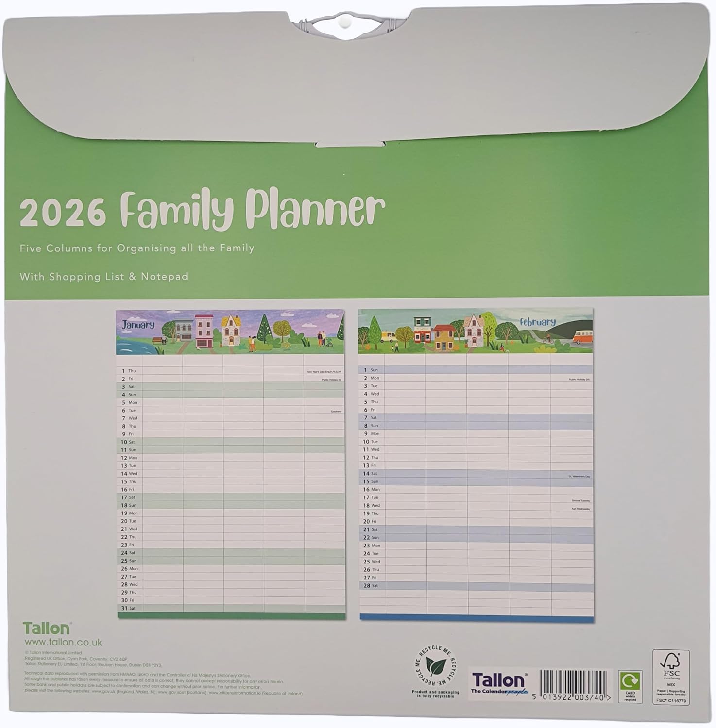 2026 Family Wall Calendar Planner – 5 Column Monthly Organizer with Sea Theme, Shopping List & Notepad – Seaside Design for Home & Office