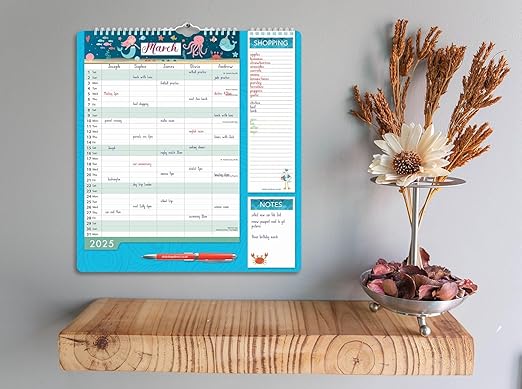 2025 Family Wall Calendar Planner, Sea Theme Design, with Shopping List, Notepad and Pen, 5 Column Monthly Organiser