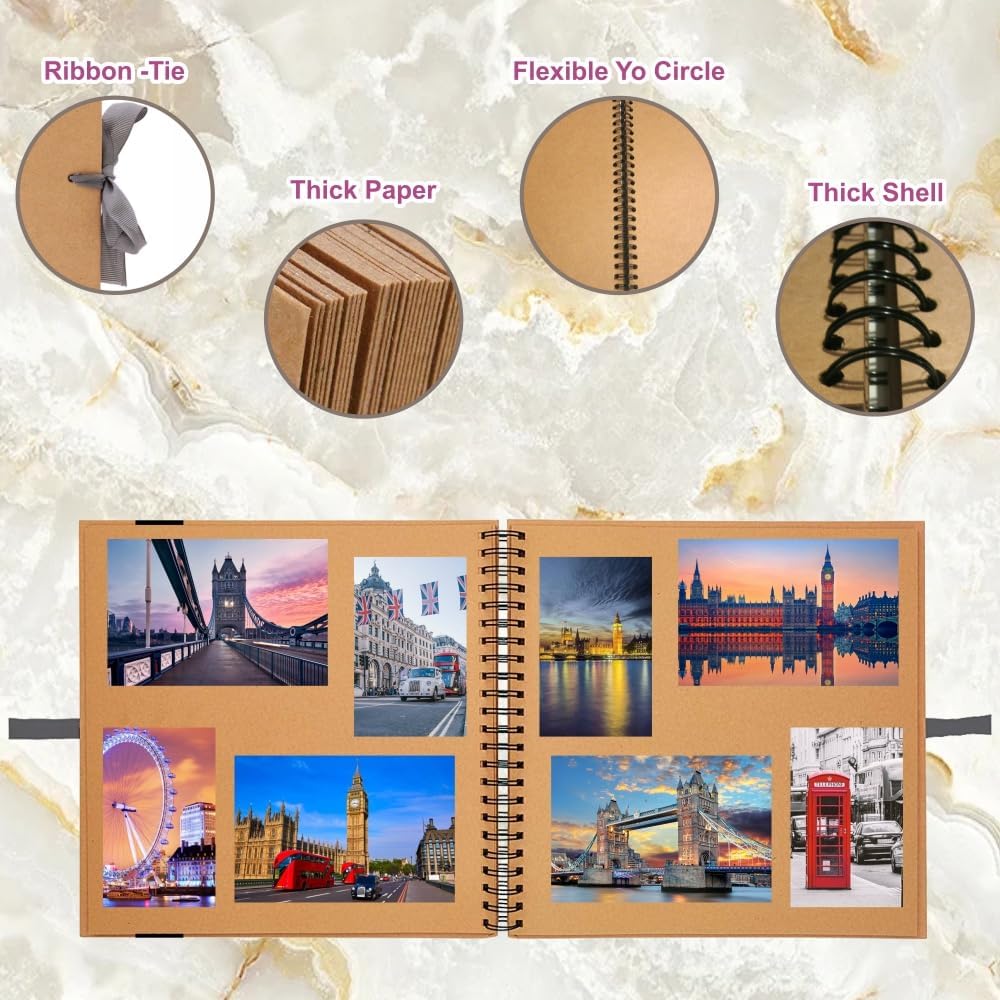 Medium Kraft Scrapbook Photo Album 20x20cm with Ribbon 50 Sheets DIY Memory Book