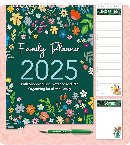 2025 Family Wall Calendar Family Organiser Year Planner, 5 Column Layout, Shopping List and Notepad with Pen, Floral & Leaf Design