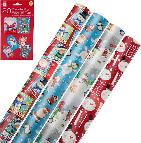 4 X 7M Cute Christmas Wrapping Paper Roll (28 meters) Ideal for Xmas, Festive Season 20 Foiled Gift Tags Included - Made in Uk