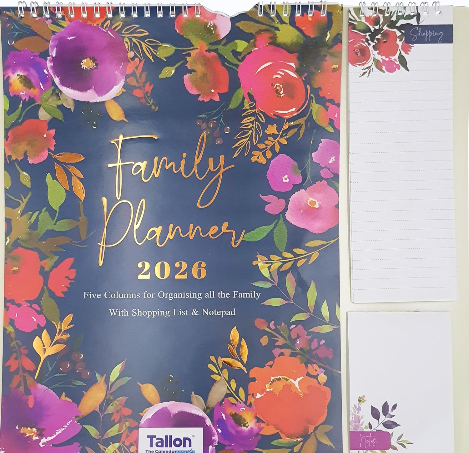 2026 Family Wall Calendar – Floral Garden Design, 5 Column Family Organizer with Shopping List & Notepad – Yearly Wall Planner for Home & Office
