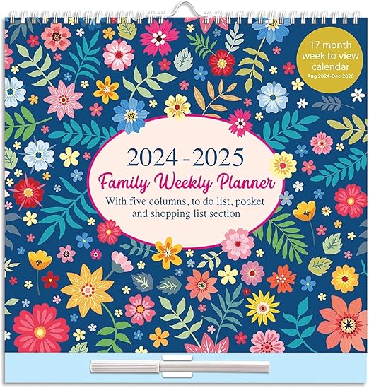 2024-2025 Family Weekly Wall Planner, 17 Months Planner, 5 Columns Week to View Calendar with Shopping List and Stickers, Floral Design (Aug 2024 - Dec 2025)