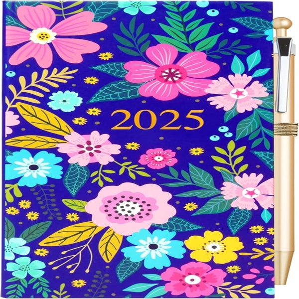 2025 Luxury Diary Slim Week to View Diaries Full Year With Pen (Blue Flower)