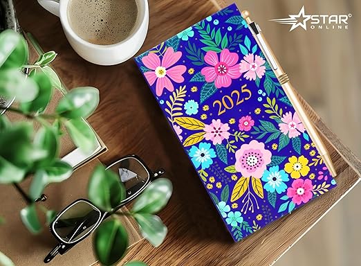 2025 Luxury Diary Slim Week to View Diaries Full Year With Pen (Blue Flower)