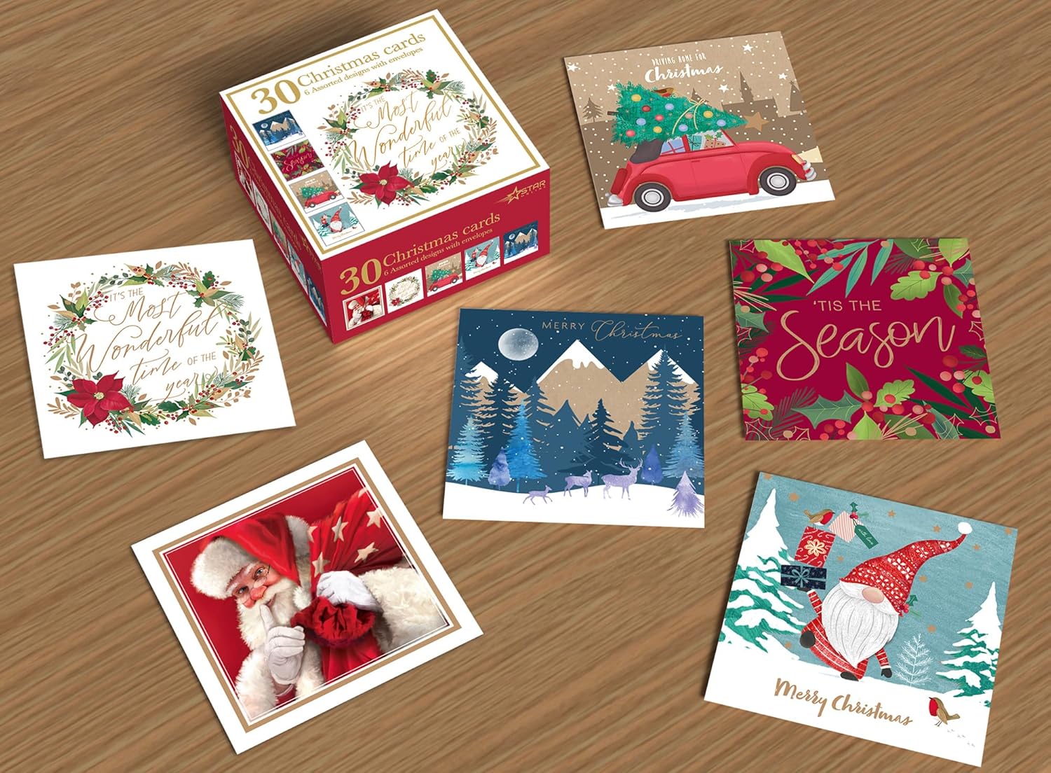 Christmas Cards Bumper Box 30 Assorted Xmas Cards - 6 Designs Cute & Traditional & Envelopes