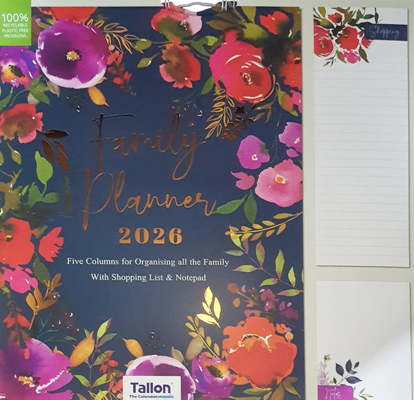 2026 Family Wall Calendar – Floral Garden Design, 5 Column Family Organizer with Shopping List & Notepad – Yearly Wall Planner for Home & Office