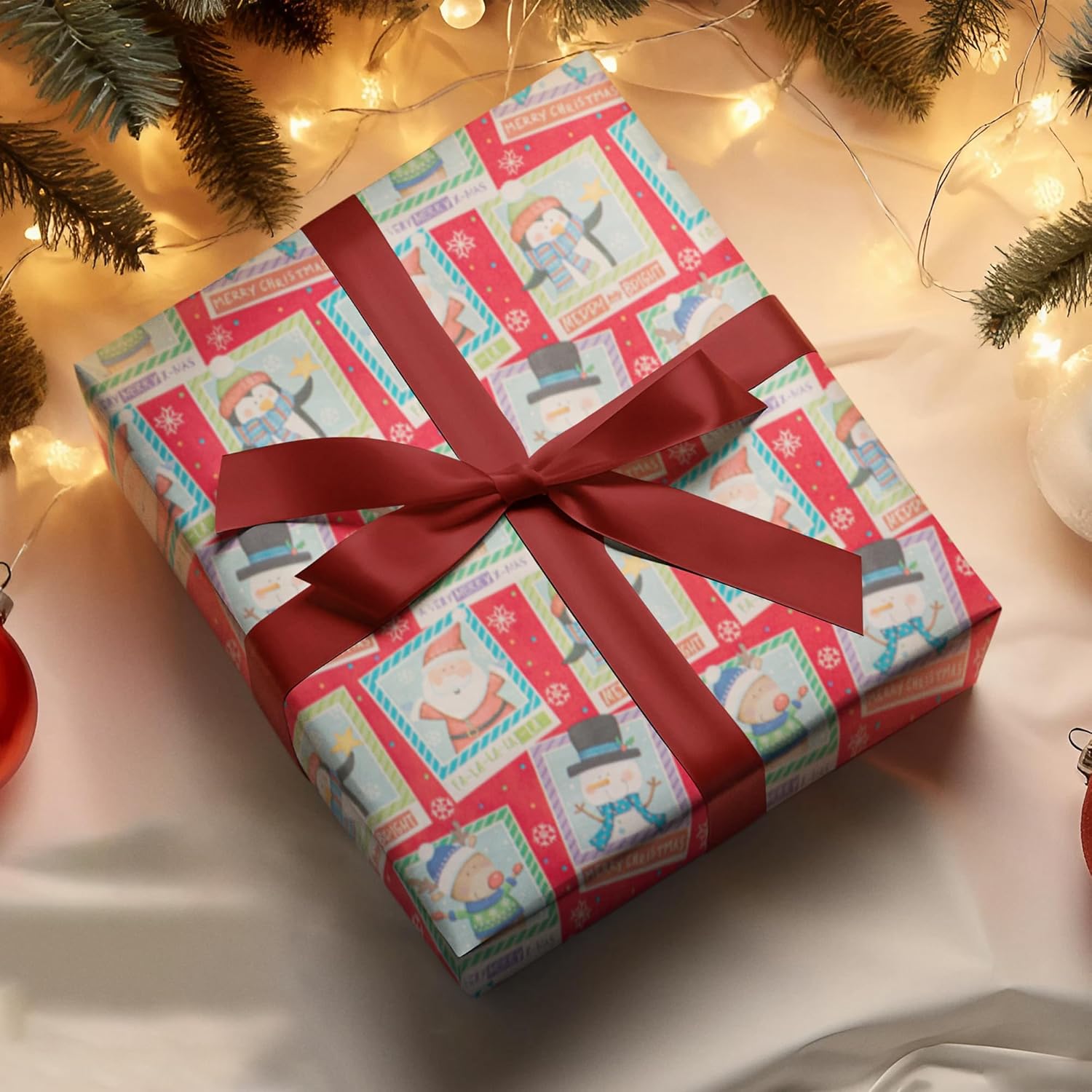 4 X 7M Cute Christmas Wrapping Paper Roll (28 meters) Ideal for Xmas, Festive Season 20 Foiled Gift Tags Included - Made in Uk