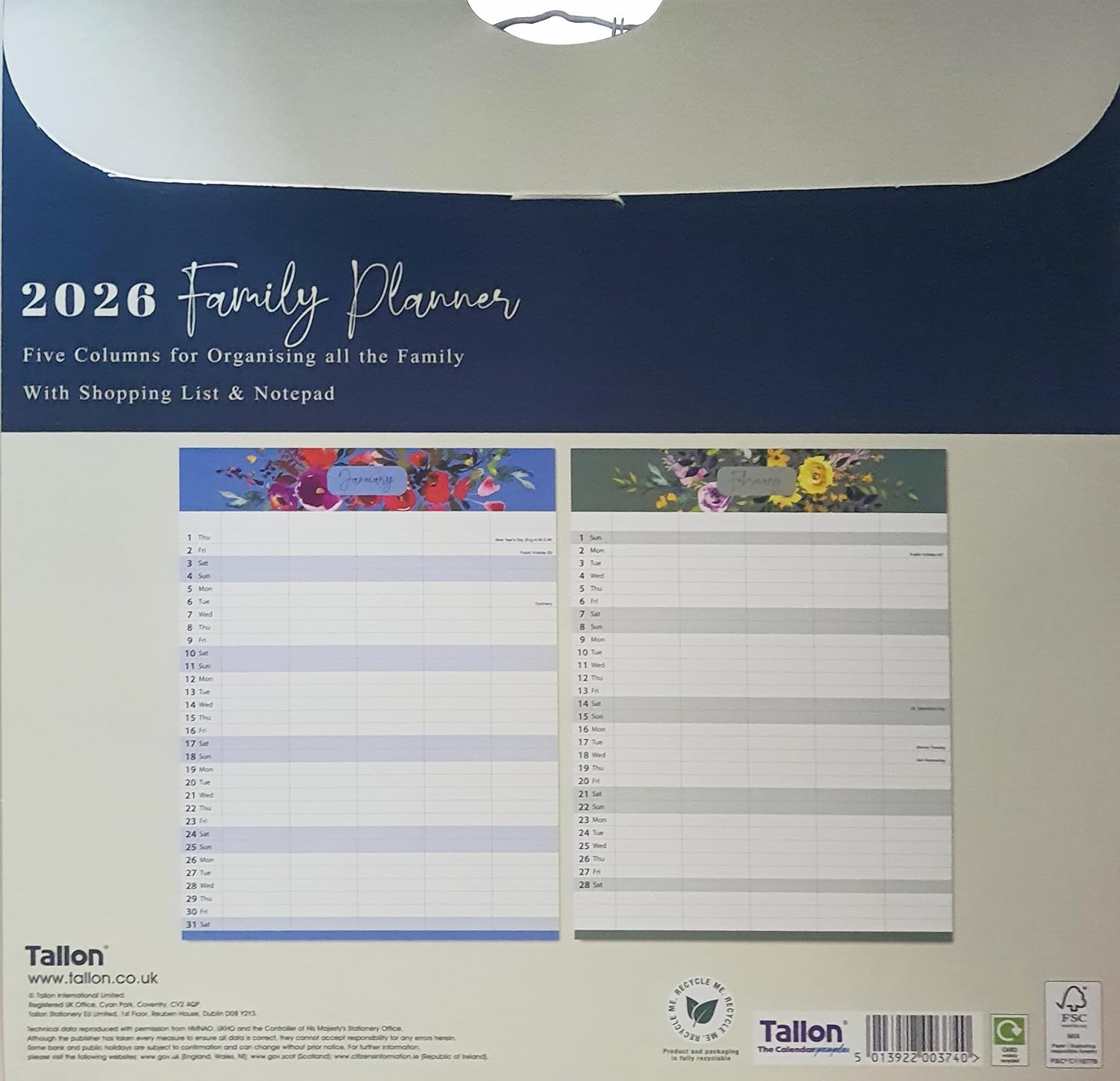 2026 Family Wall Calendar – Floral Garden Design, 5 Column Family Organizer with Shopping List & Notepad – Yearly Wall Planner for Home & Office