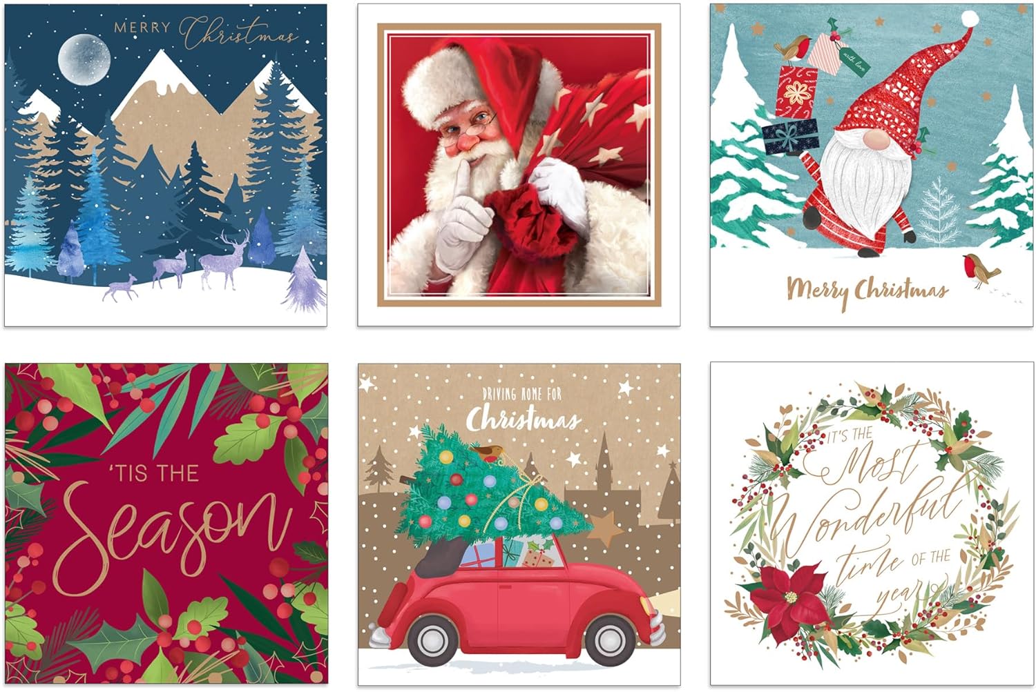 Christmas Cards Bumper Box 30 Assorted Xmas Cards - 6 Designs Cute & Traditional & Envelopes