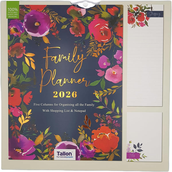 2026 Family Wall Calendar – Floral Garden Design, 5 Column Family Organizer with Shopping List & Notepad – Yearly Wall Planner for Home & Office