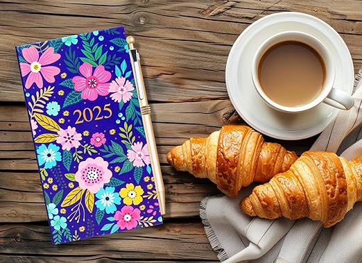2025 Luxury Diary Slim Week to View Diaries Full Year With Pen (Blue Flower)
