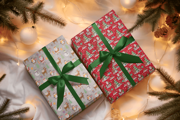 Two Christmas presents with green ribbons on a festive background with lights and tree branches.