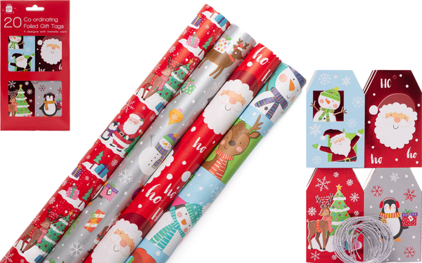 Set of Christmas-themed gift wrap and tags on a white background