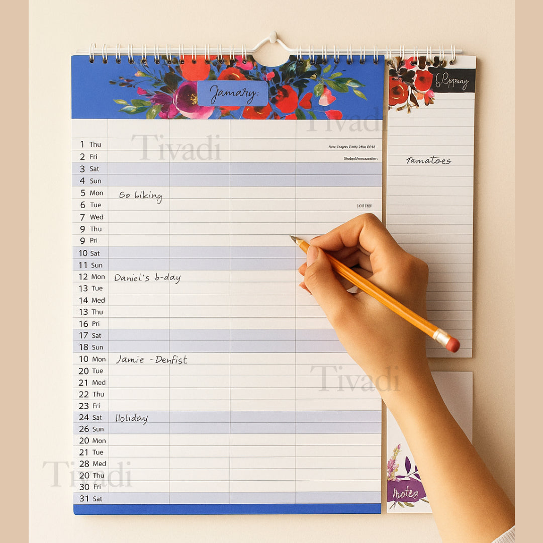 2026 Family Wall Calendar – Floral Garden Design, 5 Column Family Organizer with Shopping List & Notepad – Yearly Wall Planner for Home & Office