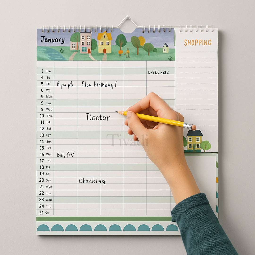 2026 Family Wall Calendar Planner – 5 Column Monthly Organizer with Sea Theme, Shopping List & Notepad – Seaside Design for Home & Office