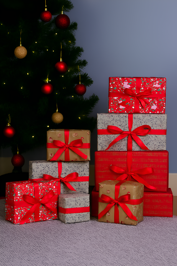 Traditional Christmas Gift Wrapping Set - 20 Luxury Foiled Tags & 4x7m Wrapping Paper in Gold Red & White for Festive Gifts