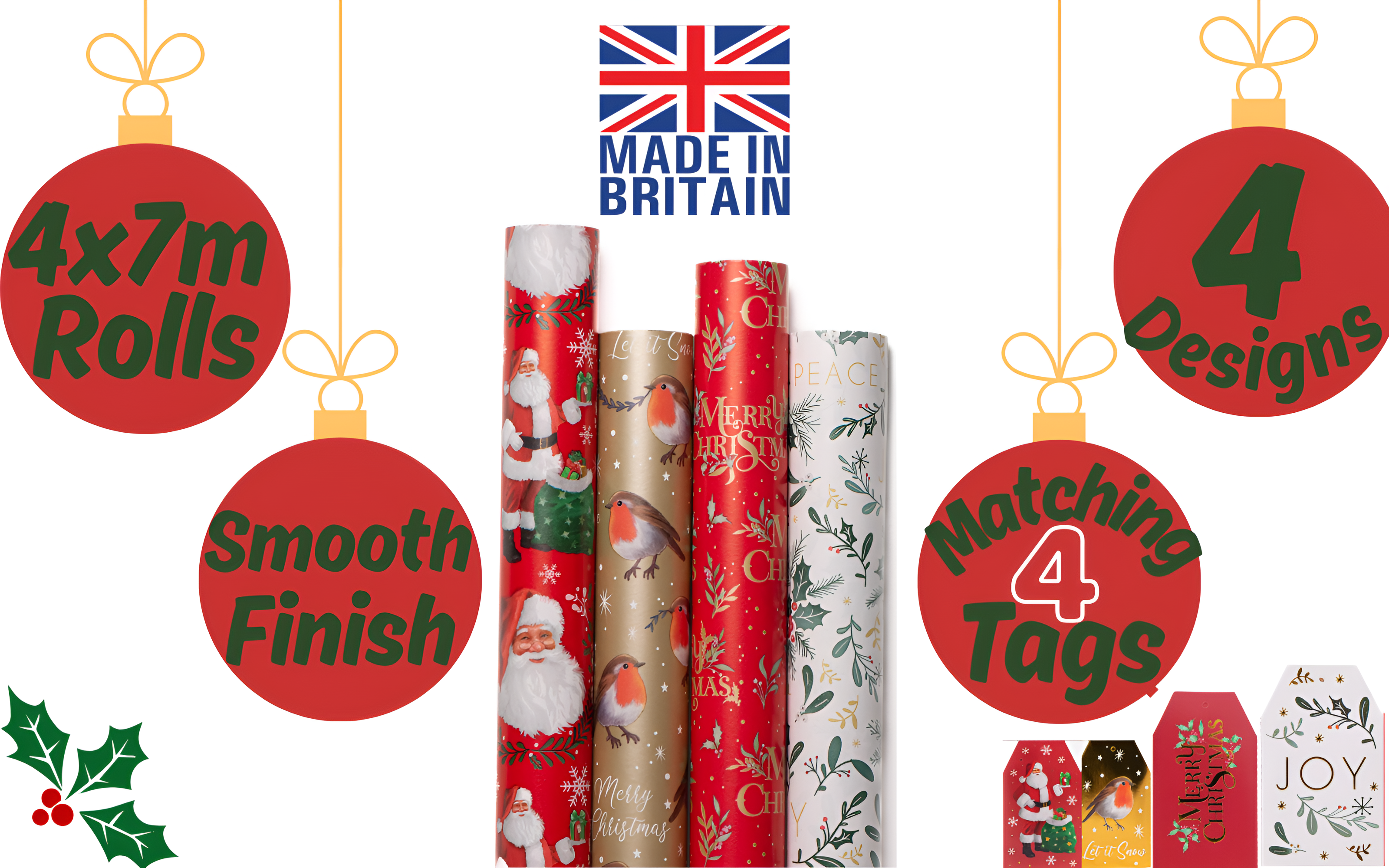 Traditional Christmas Gift Wrapping Set - 20 Luxury Foiled Tags & 4x7m Wrapping Paper in Gold Red & White for Festive Gifts