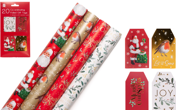 Traditional Christmas Gift Wrapping Set - 20 Luxury Foiled Tags & 4x7m Wrapping Paper in Gold Red & White for Festive Gifts